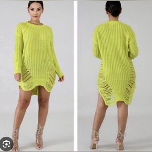 NWOT Akira Distressed Neon Yellow Knit Sweater Oversized Dress